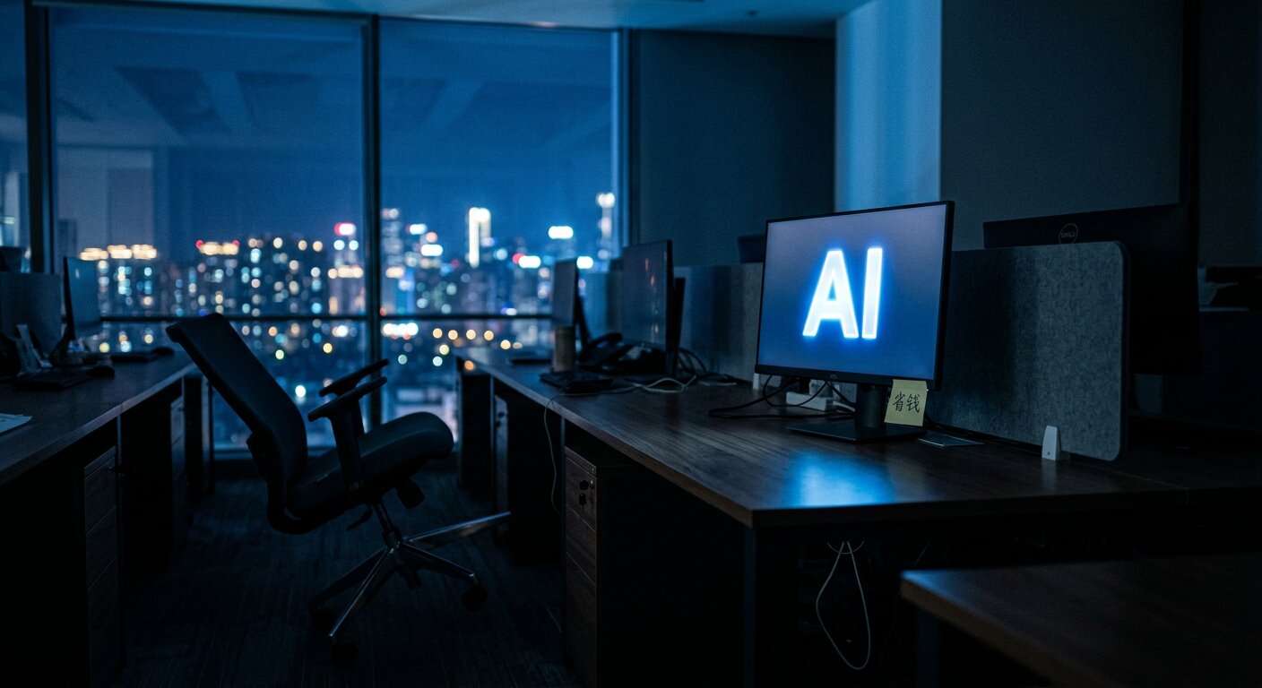 一个空工位，桌上一台显示器显示着 AI 字样，旁边是一张写着「省钱」的便签
